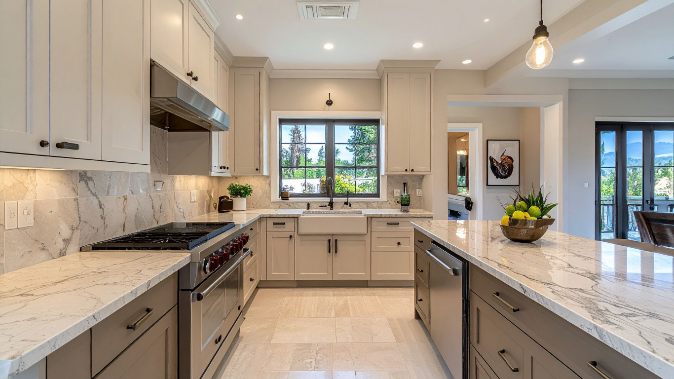 Bright, staged kitchen with clean countertops and modern finishes to improve home showability before selling